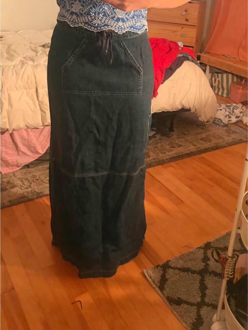 Women's Dark Denim Maxi Skirt - Drawstring Front Pocket